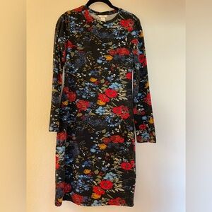 Floral Long Sleeve Dress - Black, Red, Blue